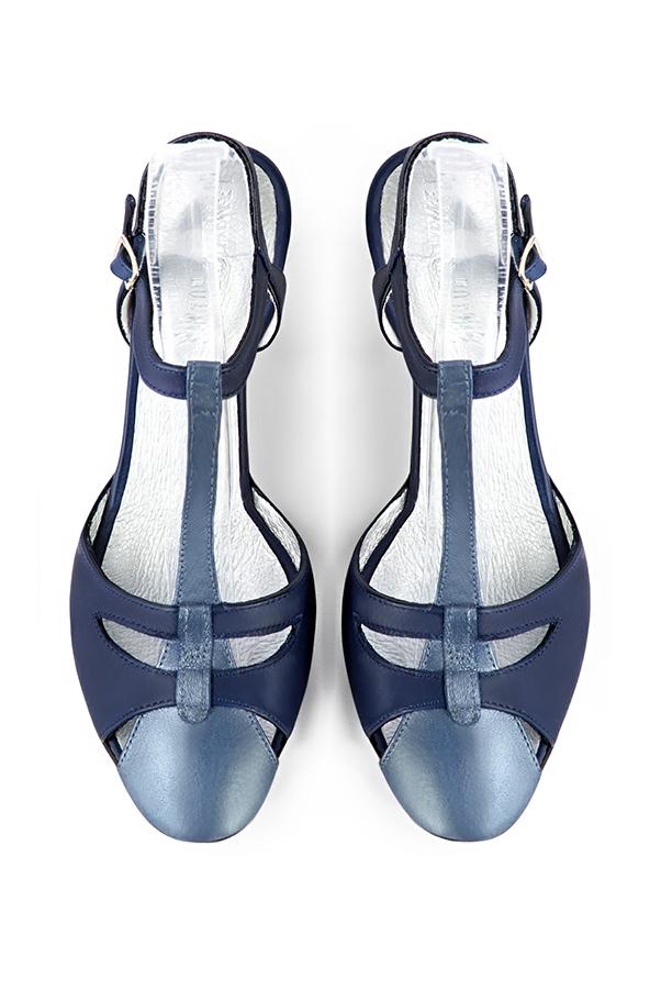 Prussian blue women's open back T-strap shoes. Round toe. Medium slim heel. Top view - Florence KOOIJMAN